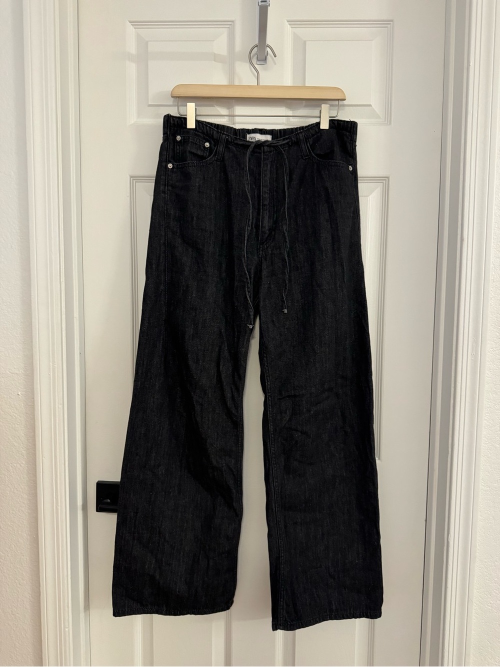 Zara Black Wide-Leg Drawstring Jeans - soft denim